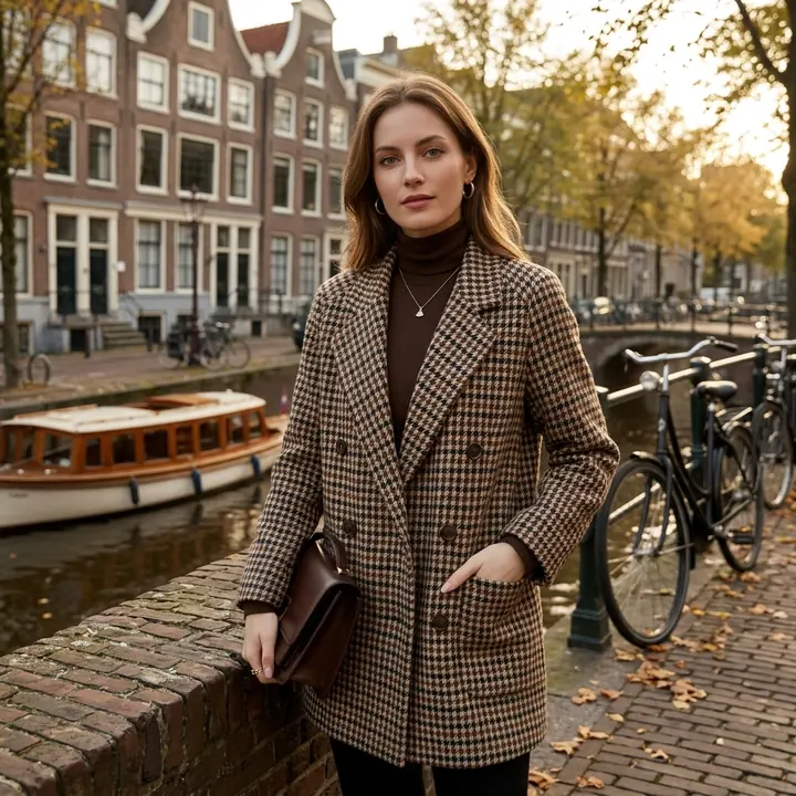 Women's houndstooth blazer on model by a canal, AI product photo