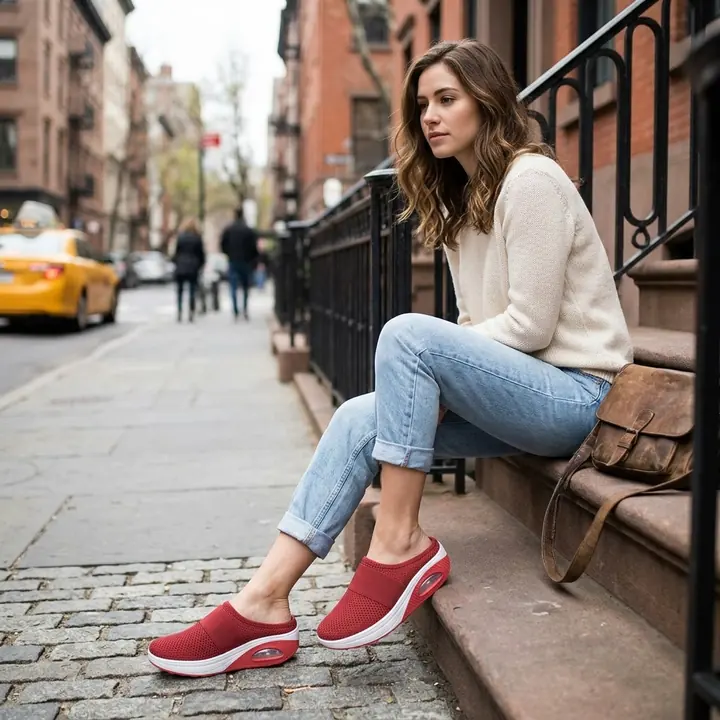Red comfort slip-on shoes on a woman sitting on city steps, AI product photo