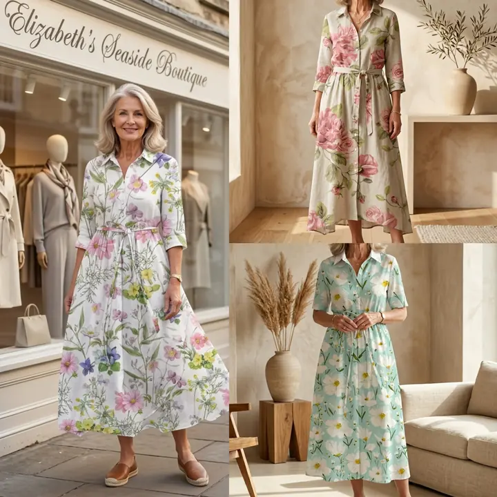 Collage ad with the boutique storefront and four floral linen dresses