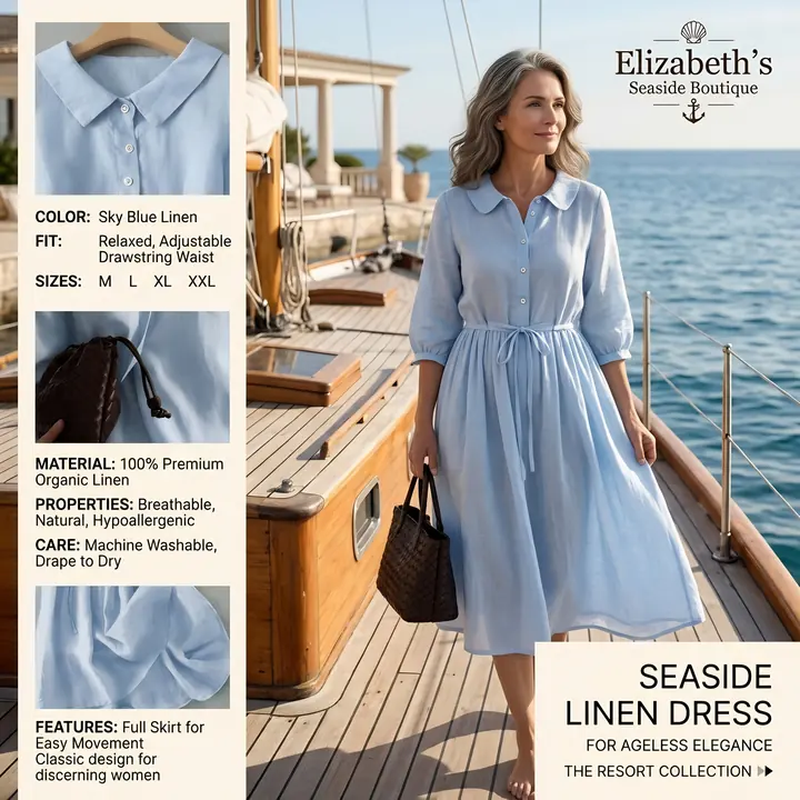 Magazine-style product ad for the Seaside Linen Dress with fabric and fit details on a yacht