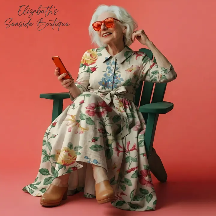 Woman in a floral linen dress and orange sunglasses on a green chair against a coral backdrop