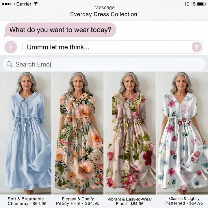 iMessage-style ad: "What do you want to wear today?" with four linen dresses and prices