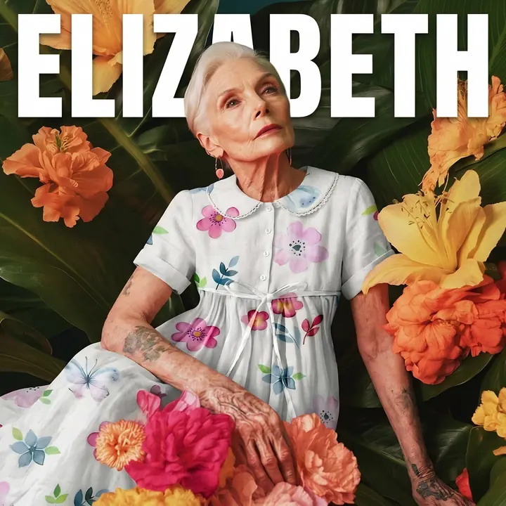 Magazine-cover style ad: "ELIZABETH" masthead over a woman in a floral linen dress among tropical flowers