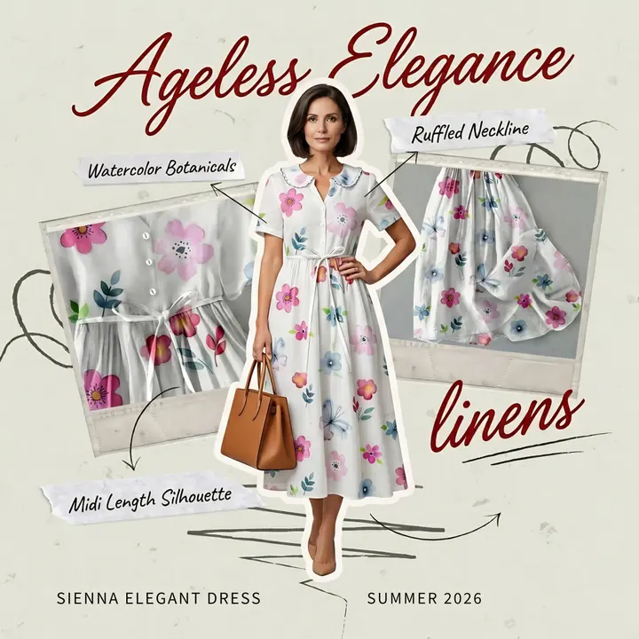 Scrapbook-style "Ageless Elegance" ad with handwritten callouts on a watercolor linen dress
