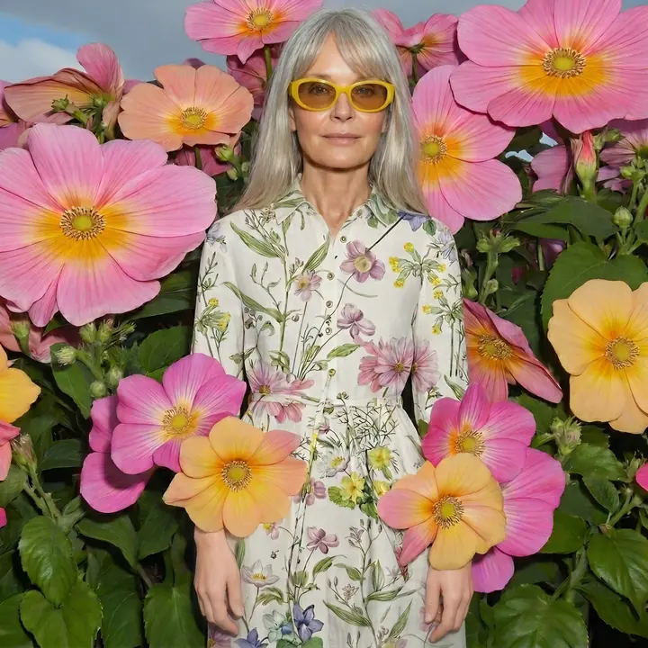 Editorial ad: woman with silver hair and yellow sunglasses in a floral dress among pink flowers