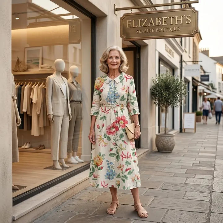 AI storefront ad: a woman in a floral linen dress outside Elizabeth's Seaside Boutique