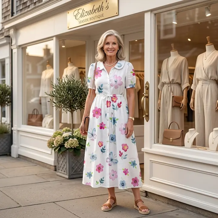 AI storefront static: a woman in a white floral dress outside Elizabeth's Seaside Boutique