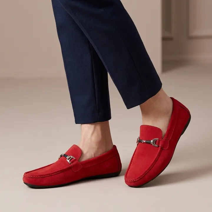 Red suede men's loafers, AI product photo