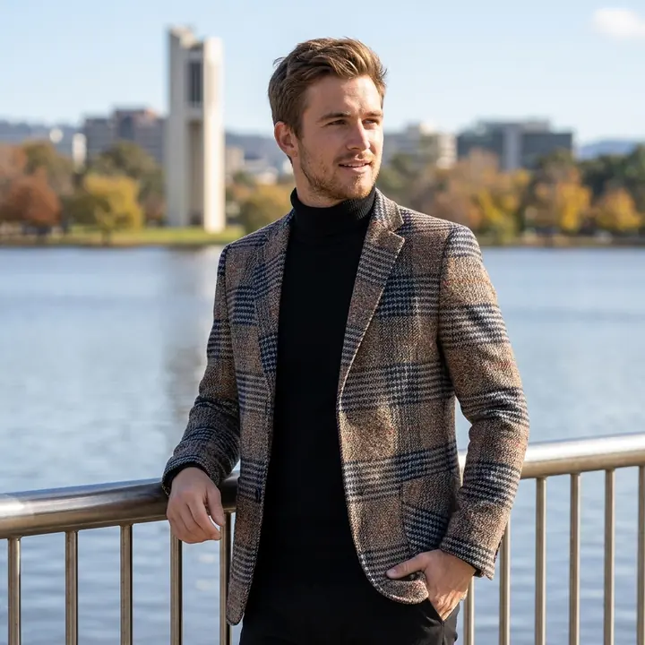 Men's check blazer on model by a lake, AI product photo
