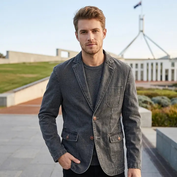 Men's charcoal blazer on model outdoors, AI product photo