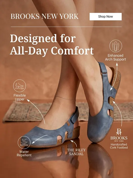 Static ad for the Brooks New York Riley sandal in blue, with callouts for arch support, flexible upper, water repellent finish and cork footbed
