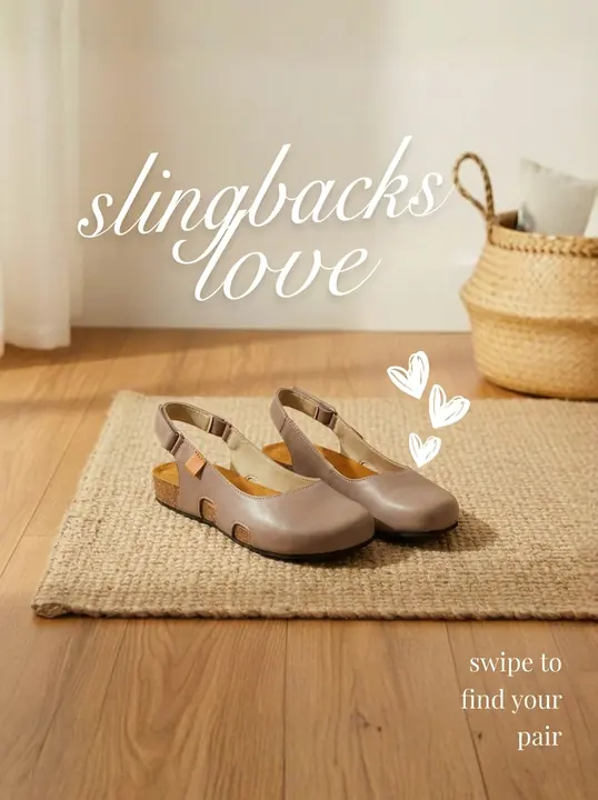 "Slingbacks love" mood ad with a taupe sandal on a rug