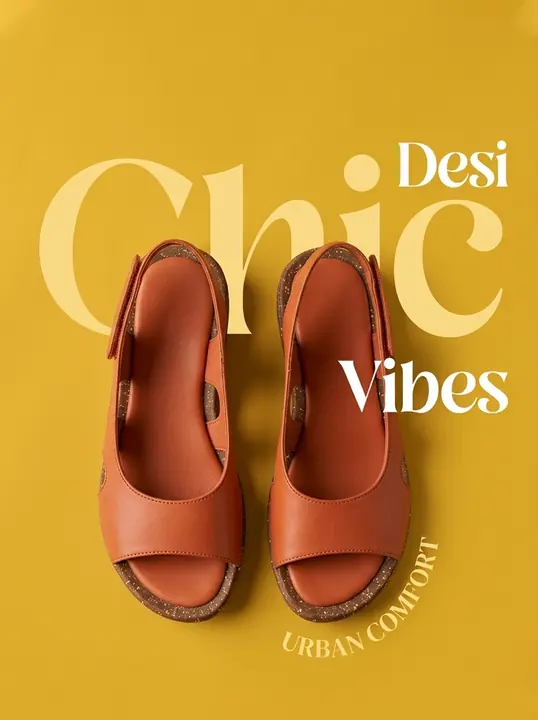 "Chic Vibes" type-led ad with orange Riley sandals on yellow