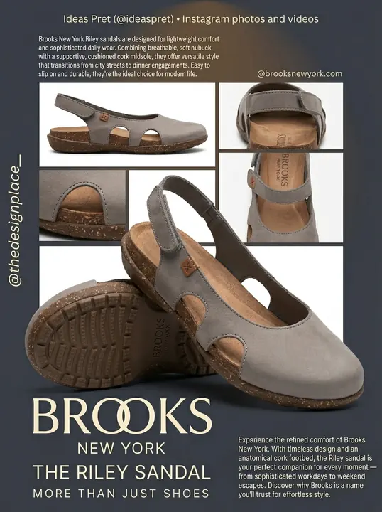Brooks New York lookbook ad for the Riley sandal with detail shots