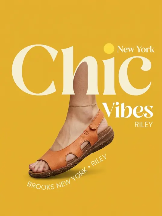 "Chic Vibes" ad on mustard yellow with an orange Riley sandal on foot