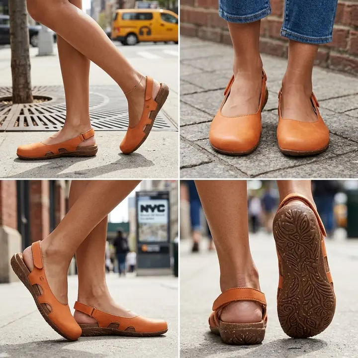 Four on-foot photos of the orange Riley sandal on New York streets