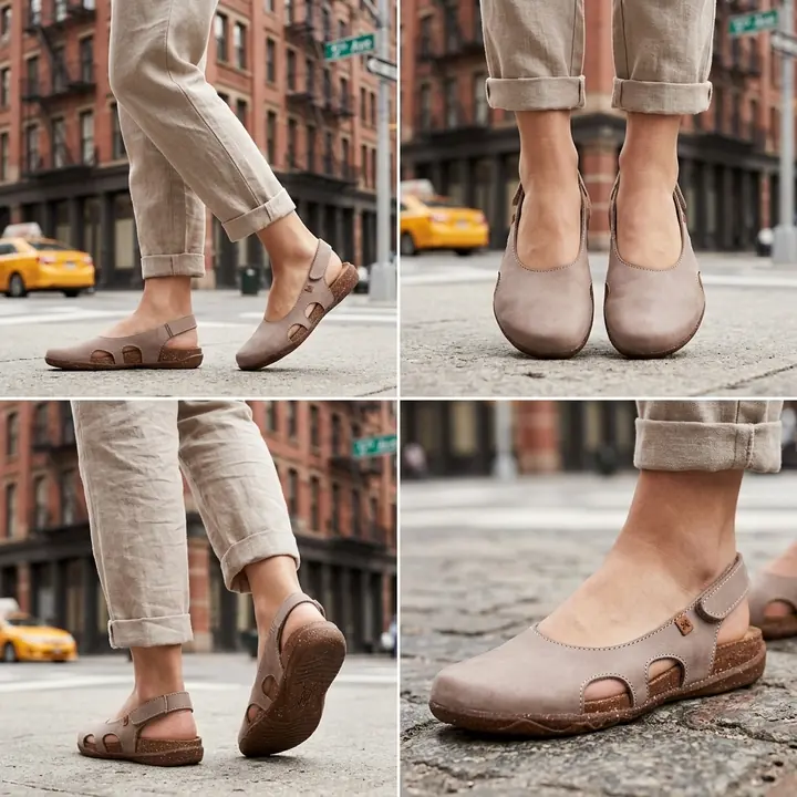 Four on-foot photos of the taupe Riley sandal on New York streets