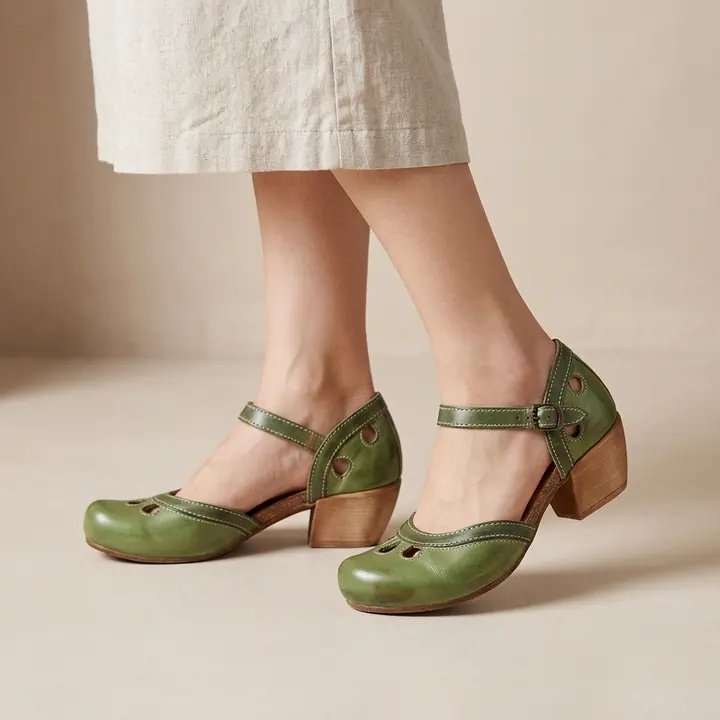 Olive green heeled Mary Jane sandals on foot, AI product photo